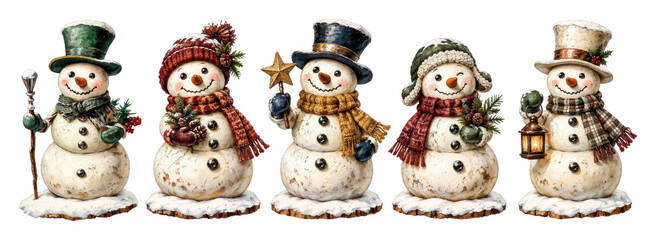 Obraz premium PNG Festive vintage snowman family wearing winter hats and scarves
