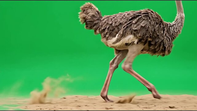 Full body ostrich running on green screen studio video footage with dust effect