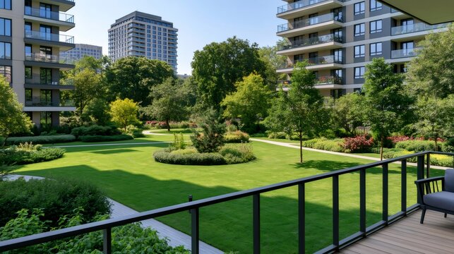 Modern apartment buildings surrounding green courtyard garden