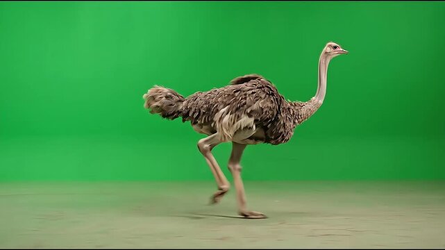 Side view video clip of a common ostrich walking on a green screen for composite motion graphics