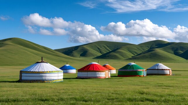 Yurts on green steppe in Central Asia