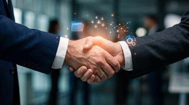 Successful Business Deal: Two business professionals in smart suits shake hands, sealing a deal with a flourish of digital sparks and glowing data, symbolizing partnership and innovation.