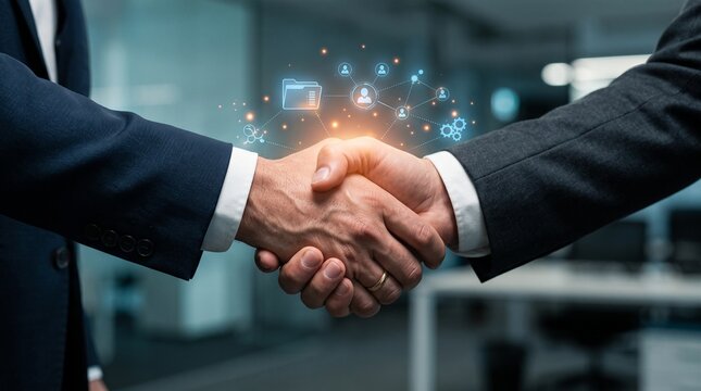 A handshake, sealing a deal with glowing digital icons above. A symbol of trust and partnership in the modern business world, with soft background blur suggesting a professional environment.