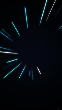 Animation of glowing neon light streaks in blue and cyan exploding outwards from center on dark background