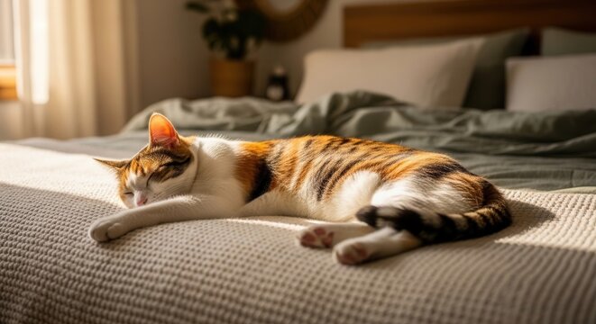 Calico Cat Napping Peacefully On A Sunlight Drenched Bed