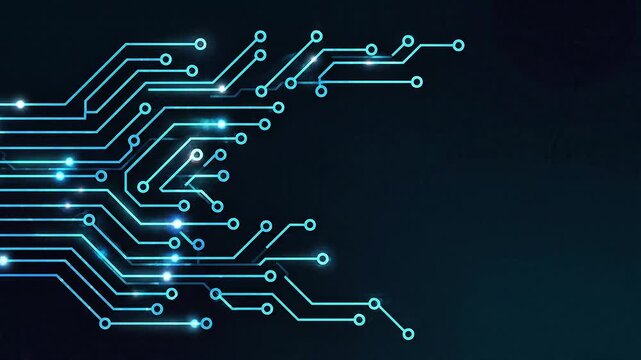 Animated digital circuit board pathways with glowing data pulses and copy space for technology presentations