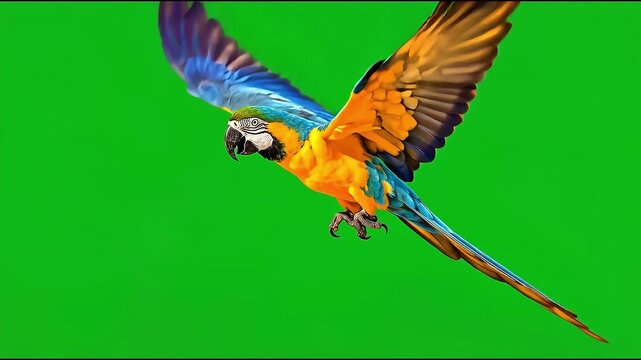 Blue and gold macaw parrot flying with spread wings on green screen chroma key video clip