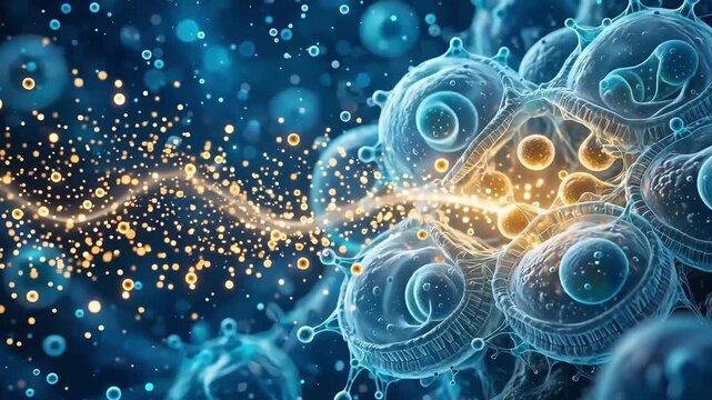 Microscopic 3D Render of Pancreatic Beta Cells Releasing Glowing Particles for Diabetes Concept