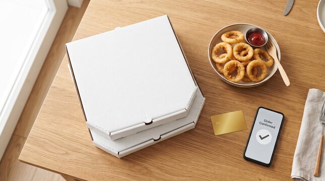 Pizza boxes and credit card on wooden table with onion rings and smartphone showing order confirmation with ketchup smartphone with two closed pizza
