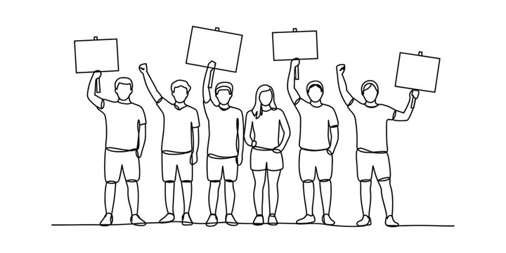 Group of young people holding blank signs and protesting in a line
