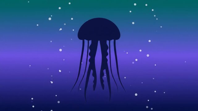 A simple silhouette jellyfish swims gracefully with swaying tentacles against a teal and purple gradient underwater background animation.