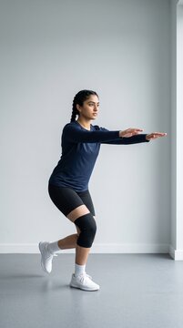 South Asian Female Athlete Doing Single Leg Squat for ACL Rehab