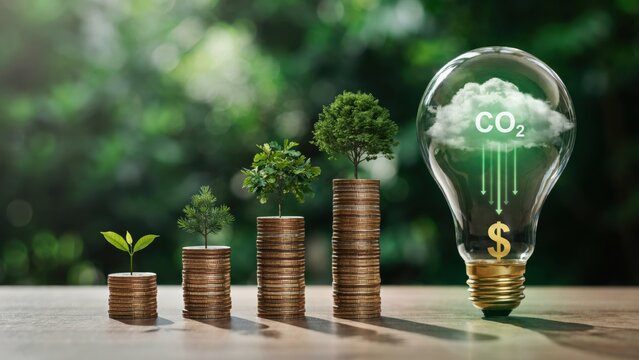 Small trees growing on stacks of coins next to a lightbulb with decreasing CO2 emissions. This eco-friendly investment concept illustrates sustainable finance and green energy.