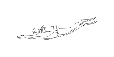 Continuous single line drawing of a scuba diver swimming underwater with a tank and flippers © Champa Rani