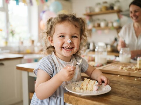 Happy Toddler Girl Eating Cake at Kitchen Party.