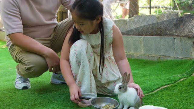 Thai Father and Daughter Feeding Rabbits at a Petting Zoo
