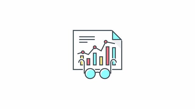 Animated business analytics icon showing data charts and eyeglasses.