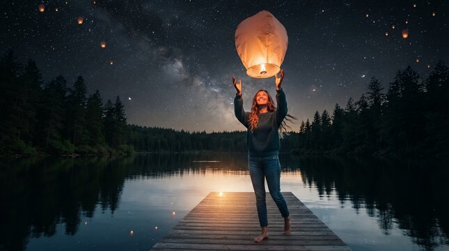Woman Releasing Sky Lantern Over Calm Lake at Night Under Starry Sky.