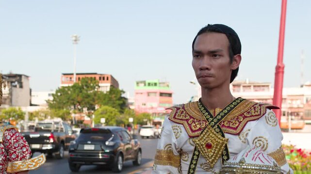 Thai Khon Performers in Traditional Costume Standing Near Wat Suthat Bangkok