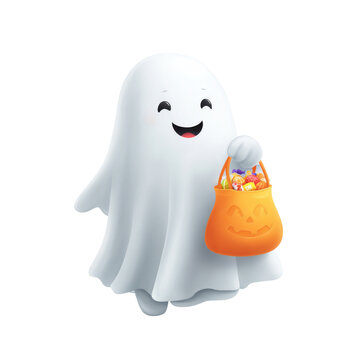 A cute little ghost holding an orange jack-o-lantern candy bucket on transparent background