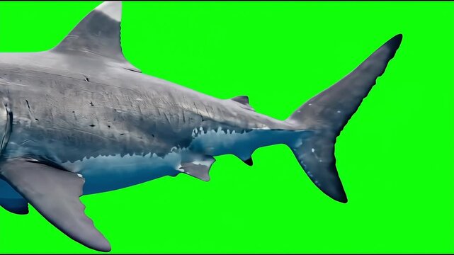 Great white shark swimming on green screen background for video production footage.