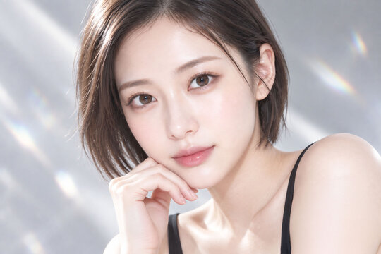 プリズム光のグレー背景で顎に手を添えるショートヘアの日本人女性の美容ポートレート