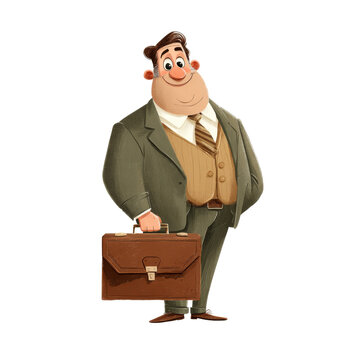A cartoon illustration of a smiling businessman holding a brown briefcase on transparent background