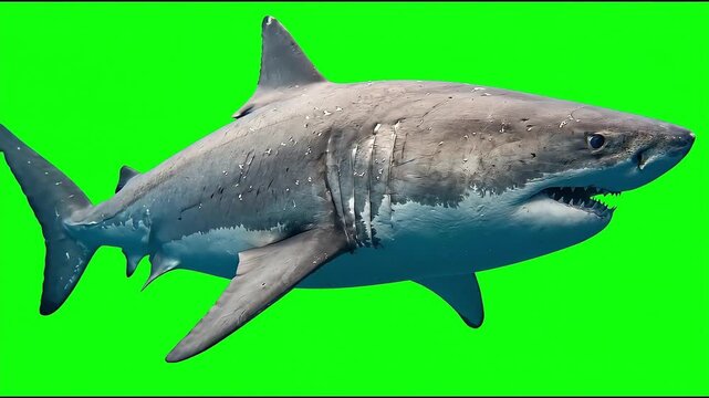 Great white shark swimming underwater on green screen footage for chroma key compositing.