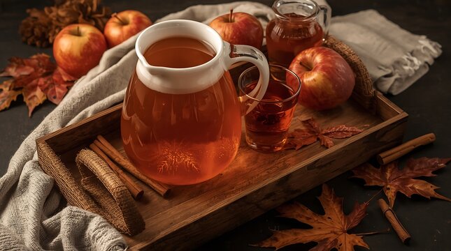 Freshly pressed apple cider in a glass pitcher served on a rustic wooden tray with fresh red apples, cinnamon sticks, and decorative autumn maple leaves in a cozy, warm seasonal atmosphere.