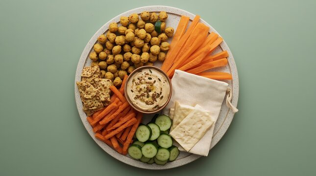 Top View of a Healthy Vegan Appetizer Platter Featuring Creamy Hummus, Fresh Carrot Sticks, Sliced Cucumbers, Roasted Chickpeas, and Whole Grain Crackers on a Minimalist Green Background