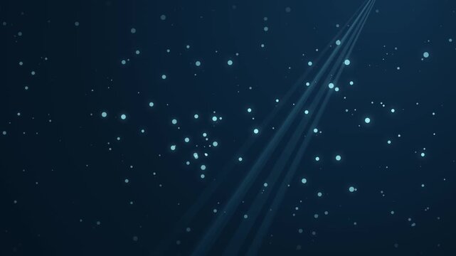 Dark Blue Background With Motion Graphics Of Floating Light Particles And Diagonal Glowing Beam Lines