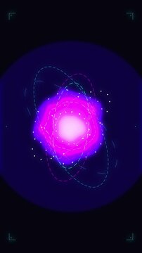 Animated glowing purple pink energy core with orbiting particles abstract motion background