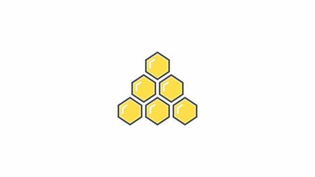 Minimalist graphic animation of golden honeycombs forming a triangle shape on white background.