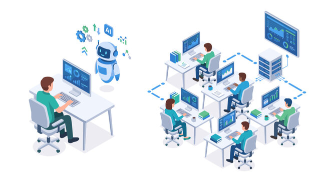 Isometric illustration of people working with computers and a robot assistant.