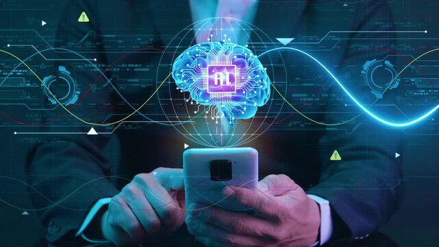 A business person uses a smartphone to access artificial intelligence data with digital holographic overlays with video person holding smartphone displaying glowing digital brain interface data cyber