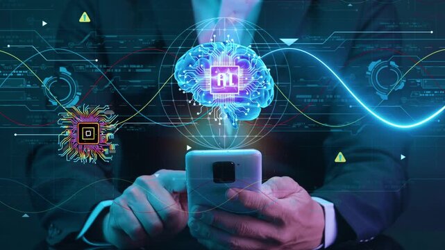 Business person using smartphone with digital artificial intelligence brain interface and data network holographic overlay with circuit board interface smartphone glowing video person communication