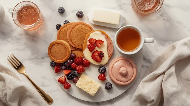 Top down view of a delicious breakfast platter featuring fluffy pancakes topped with fresh strawberries and cream, served with butter, mixed berries, and a cup of warm tea on a marble table.