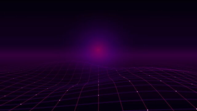 Futuristic Glowing Neon Purple Grid Landscape Motion Background with Digital Light Particle Effect