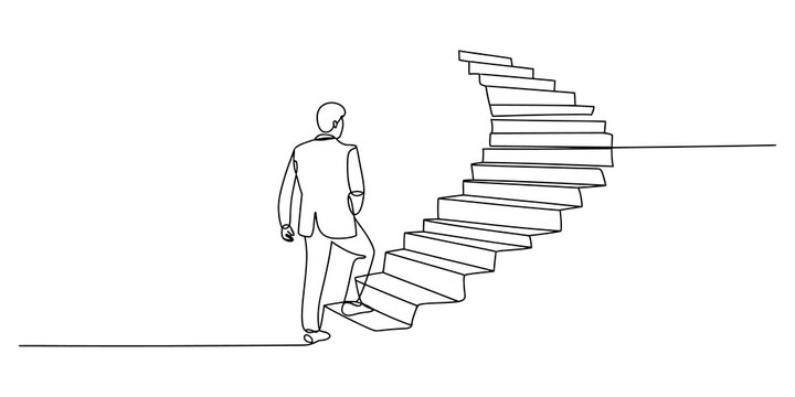 Businessman walking up spiral stairs continuous line drawing