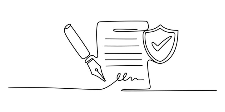 Continuous line drawing of a fountain pen signing a document with a shield icon