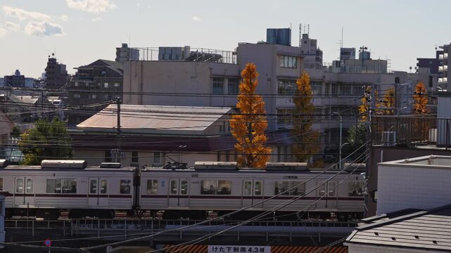 Passenger trains travel in opposite directions across multiple railway tracks in urban Japan, showcasing an efficient commuter network and everyday metropolitan transportation.