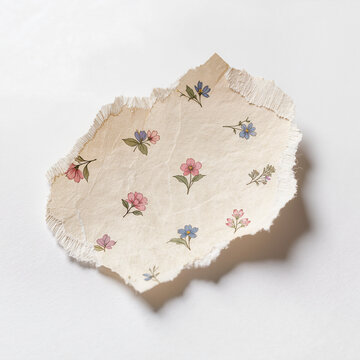 Torn vintage floral pattern paper scrap floating on white background, craft collage and scrapbook design element concept with copy space for text