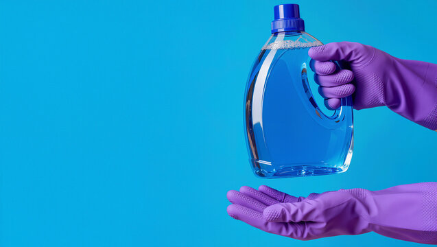Gloved hands holding blue liquid detergent bottle on blue background, laundry cleaning and household chores concept with copy space for text