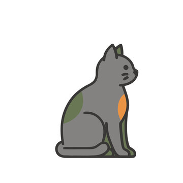 Illustration of a gray cat with orange and green patches