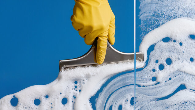 Gloved hand cleaning soapy window glass with squeegee on blue, window cleaning and housework service concept with copy space for text