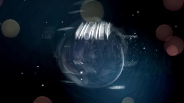 Digital globe animation displaying cryptocurrency and finance terminology with glowing particles on dark background with surrounded floating finance finance technology labels video rotating digital