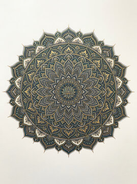 Intricate circular mandala pattern with traditional floral motifs isolated on a white background