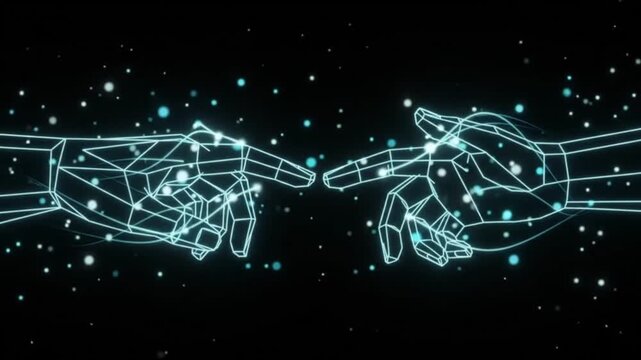 Futuristic wireframe robot hands reaching to touch each other with glowing particles like creation of adam