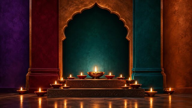 Traditional Indian arch podium background with burning oil lamps and diyas for Diwali festival