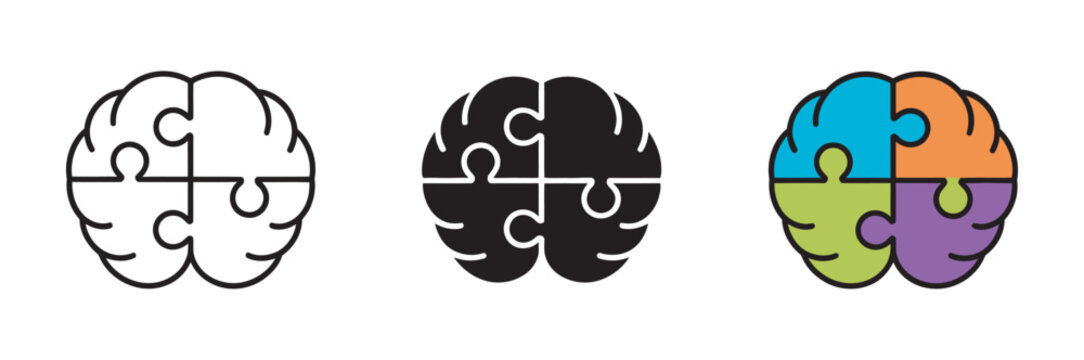 Human brain puzzle outline and solid vector icons showing cognitive problem solving, cognitive intelligence, critical thinking, mental analysis and creative reasoning concepts.